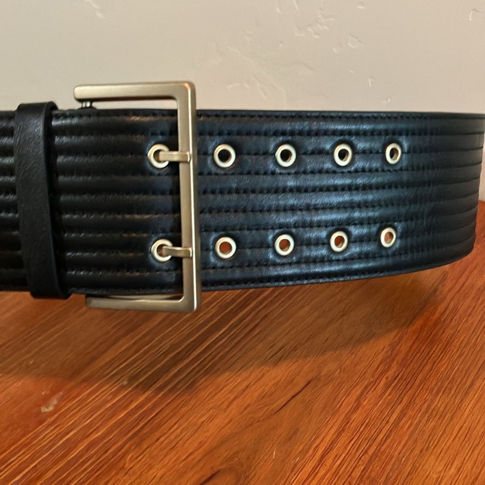 All Saints Black Quilted Wide Leather Belt with Gold Buckle - Picture 2 of 7